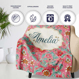 Vintage Floral Pattern with Blue Leaves and Pink Flowers Seamless  Personalised Custom Name Super Soft Fleece Blanket Bed Sofa Throw