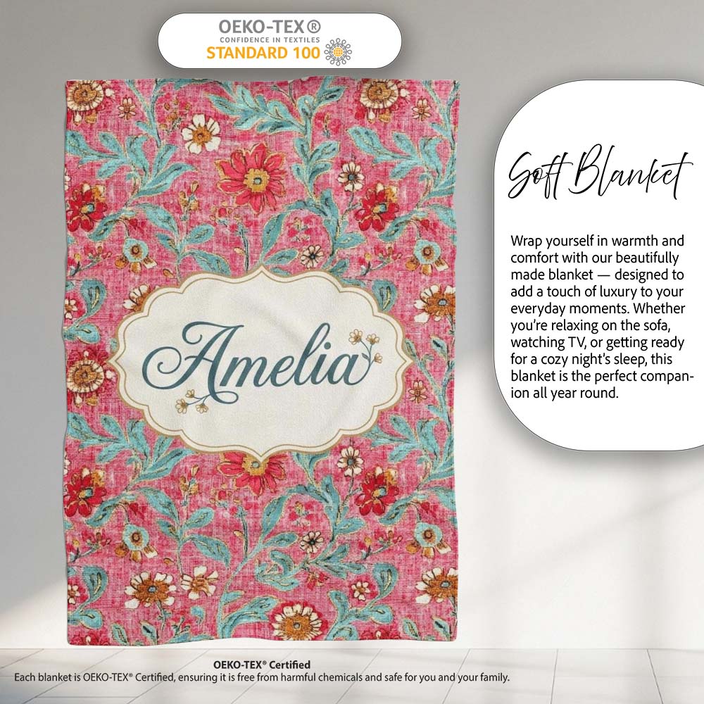 Vintage Floral Pattern with Blue Leaves and Pink Flowers Seamless  Personalised Custom Name Super Soft Fleece Blanket Bed Sofa Throw