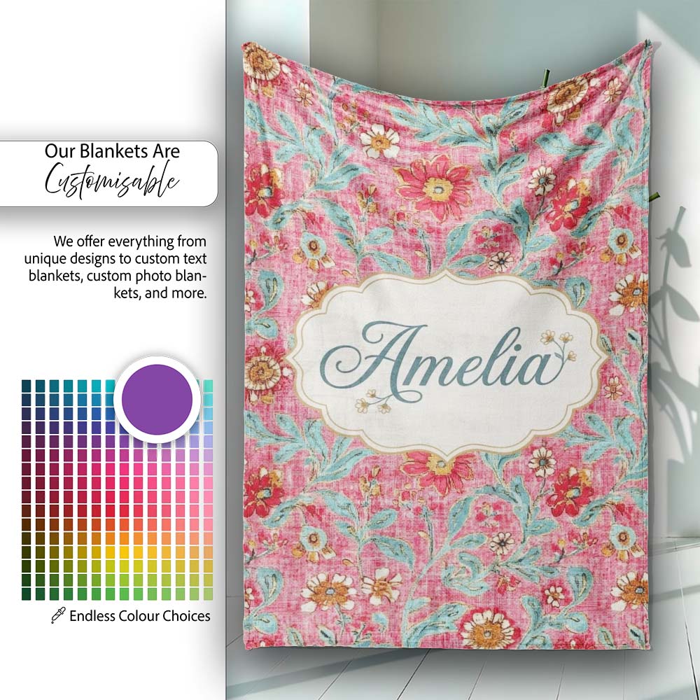 Vintage Floral Pattern with Blue Leaves and Pink Flowers Seamless  Personalised Custom Name Super Soft Fleece Blanket Bed Sofa Throw