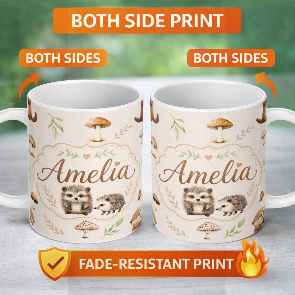 Personalized Custom Name Woodland Hedgehogs with Mushrooms Leaves Warm Neutral Seamless 11oz Ceramic Coffee Tea Mug White Large Handle