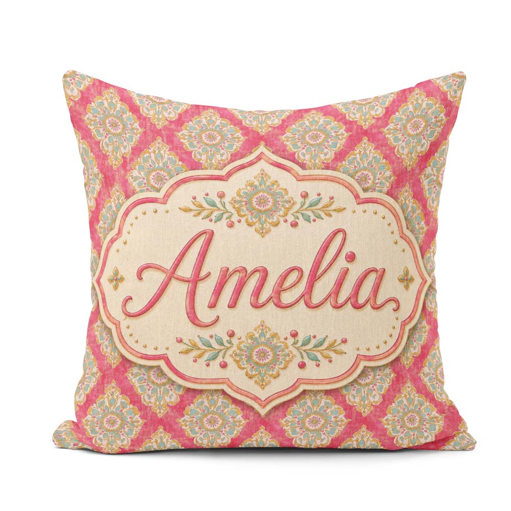 Custom Name Elegant Ornamental Medallion Pattern Pink Background Square Filled Cushion Throw Pillow Sofa Bed Home Decor Zip Washable UK Made