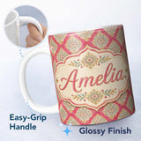 Personalized Custom Name Elegant Ornamental Medallion Pattern on Pink Background Seamless 11oz Ceramic Coffee Tea Mug White Large Handle