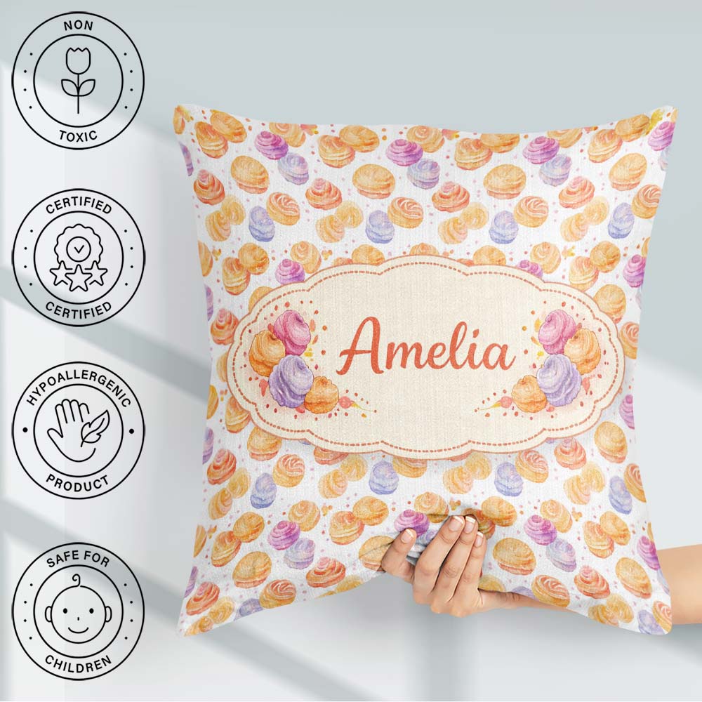 Custom Name Pastel Cream Swirl Meringue Dessert Seamless Pattern Square Filled Cushion Throw Pillow Sofa Bed Home Decor Zip Washable UK Made