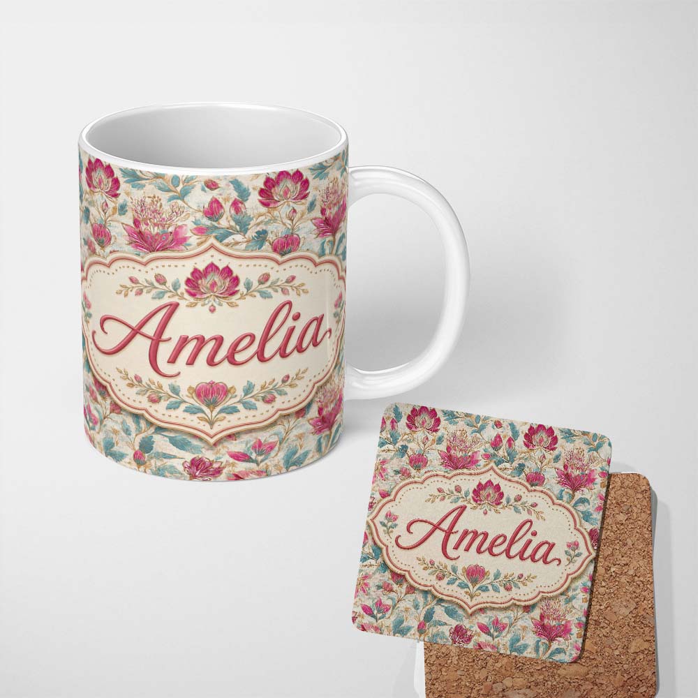 Personalized Custom Name Vintage Botanical Floral Pattern with Pink Blooms Seamless Name Cute 11oz Ceramic Coffee Tea Mug White Large Handle
