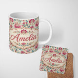 Personalized Custom Name Vintage Botanical Floral Pattern with Pink Blooms Seamless Name Cute 11oz Ceramic Coffee Tea Mug White Large Handle