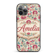 Vintage Botanical Floral Pattern with Pink Blooms Custom Name Protective Phone Case Mobile Cover Durable Everyday Smartphone Shock Resistant