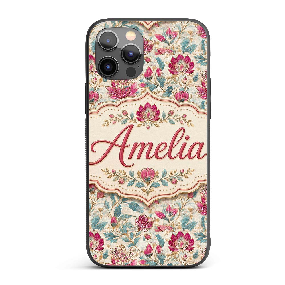 Vintage Botanical Floral Pattern with Pink Blooms Custom Name Protective Phone Case Mobile Cover Durable Everyday Smartphone Shock Resistant