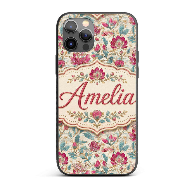 Vintage Botanical Floral Pattern with Pink Blooms Custom Name Protective Phone Case Mobile Cover Durable Everyday Smartphone Shock Resistant