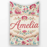 Vintage Botanical Floral Pattern with Pink Blooms Seamless Name Cute  Personalised Custom Name Super Soft Fleece Blanket Bed Sofa Throw