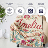 Vintage Botanical Floral Pattern with Pink Blooms Seamless Name Cute  Personalised Custom Name Super Soft Fleece Blanket Bed Sofa Throw