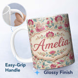 Personalized Custom Name Vintage Botanical Floral Pattern with Pink Blooms Seamless Name Cute 11oz Ceramic Coffee Tea Mug White Large Handle