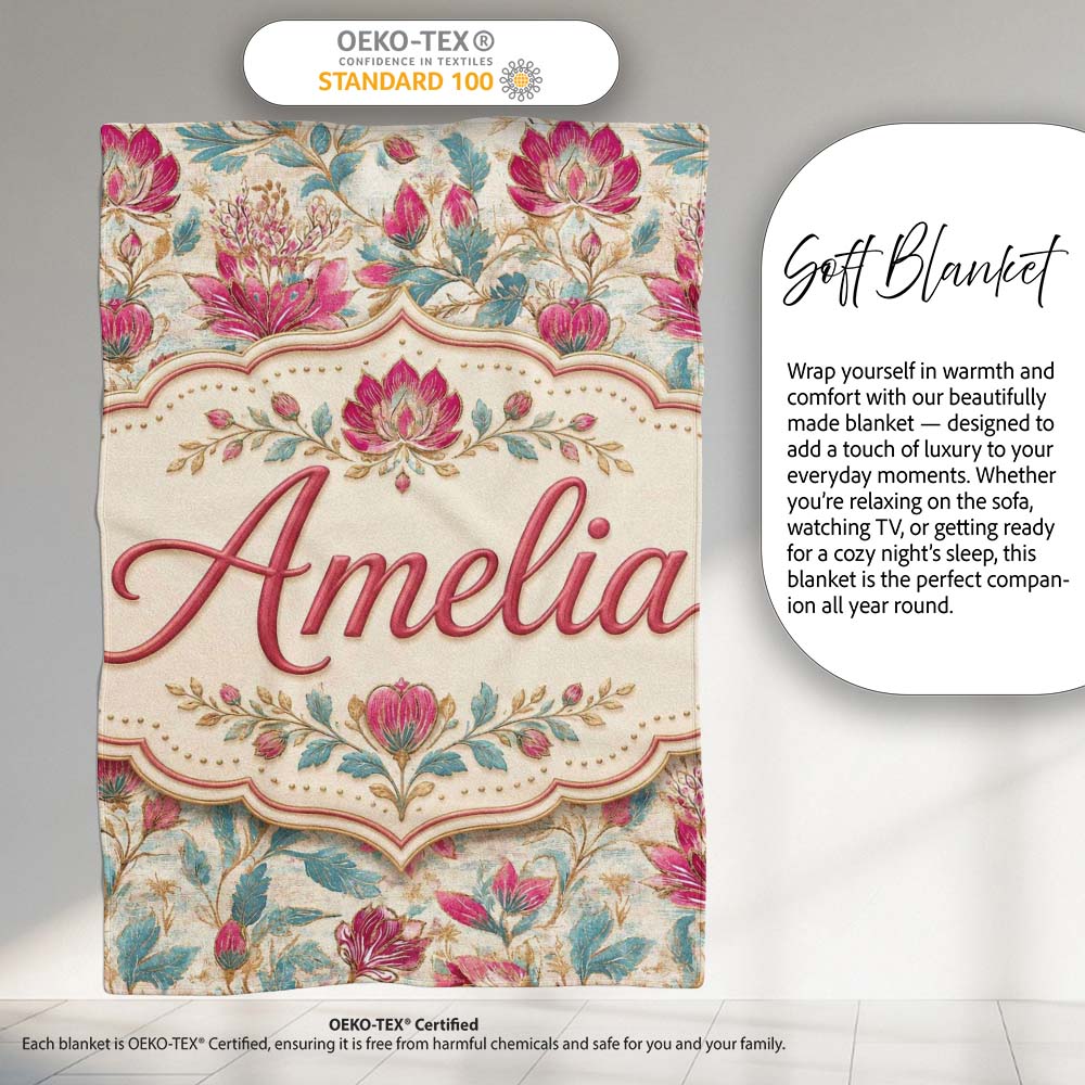 Vintage Botanical Floral Pattern with Pink Blooms Seamless Name Cute  Personalised Custom Name Super Soft Fleece Blanket Bed Sofa Throw