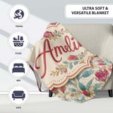 Vintage Botanical Floral Pattern with Pink Blooms Seamless Name Cute  Personalised Custom Name Super Soft Fleece Blanket Bed Sofa Throw
