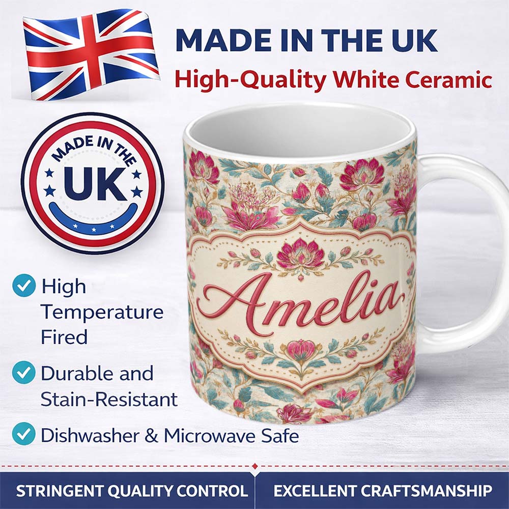 Personalized Custom Name Vintage Botanical Floral Pattern with Pink Blooms Seamless Name Cute 11oz Ceramic Coffee Tea Mug White Large Handle