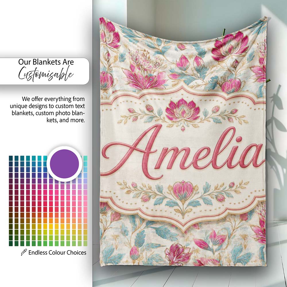 Vintage Botanical Floral Pattern with Pink Blooms Seamless Name Cute  Personalised Custom Name Super Soft Fleece Blanket Bed Sofa Throw