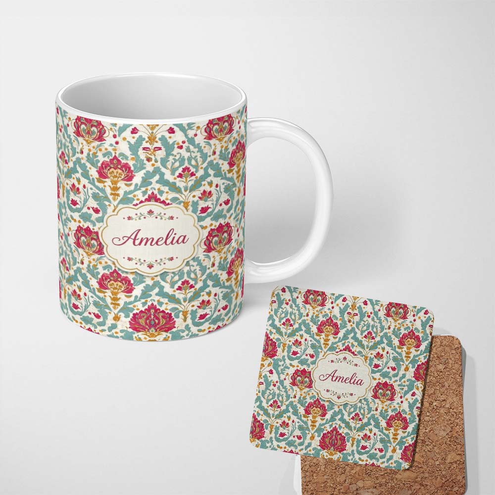 Personalized Custom Name Decorative Damask Floral Pattern with Teal and Pink Accents 11oz Ceramic Coffee Tea Mug White Large Handle