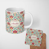 Personalized Custom Name Decorative Damask Floral Pattern with Teal and Pink Accents 11oz Ceramic Coffee Tea Mug White Large Handle
