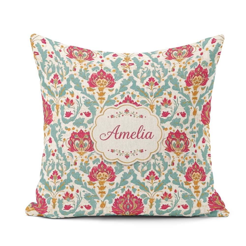 Custom Name Decorative Damask Pattern with Teal and Pink Accents Square Filled Cushion Throw Pillow Sofa Bed Home Decor Zip Washable UK Made