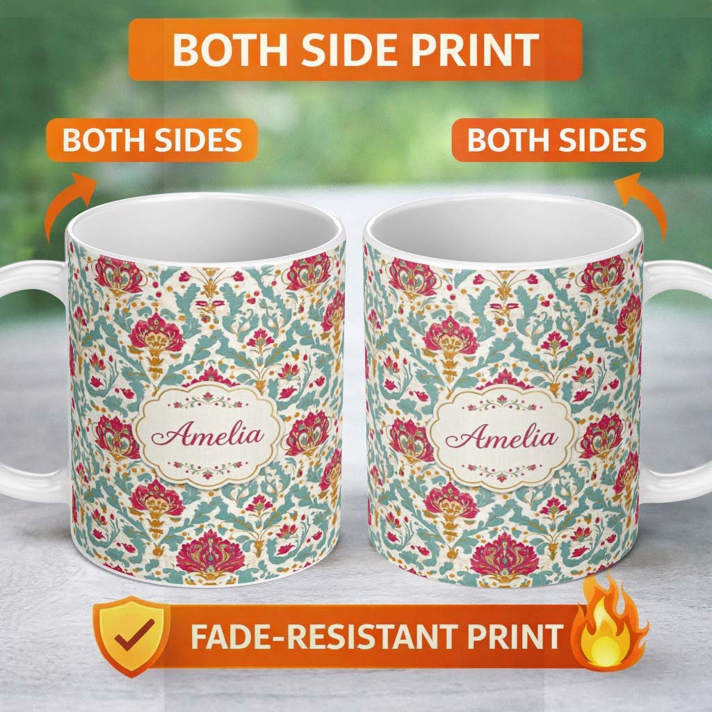 Personalized Custom Name Decorative Damask Floral Pattern with Teal and Pink Accents 11oz Ceramic Coffee Tea Mug White Large Handle