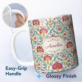 Personalized Custom Name Decorative Damask Floral Pattern with Teal and Pink Accents 11oz Ceramic Coffee Tea Mug White Large Handle