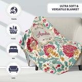 Decorative Damask Floral Pattern with Teal and Pink Accents  Personalised Custom Name Super Soft Fleece Blanket Bed Sofa Throw