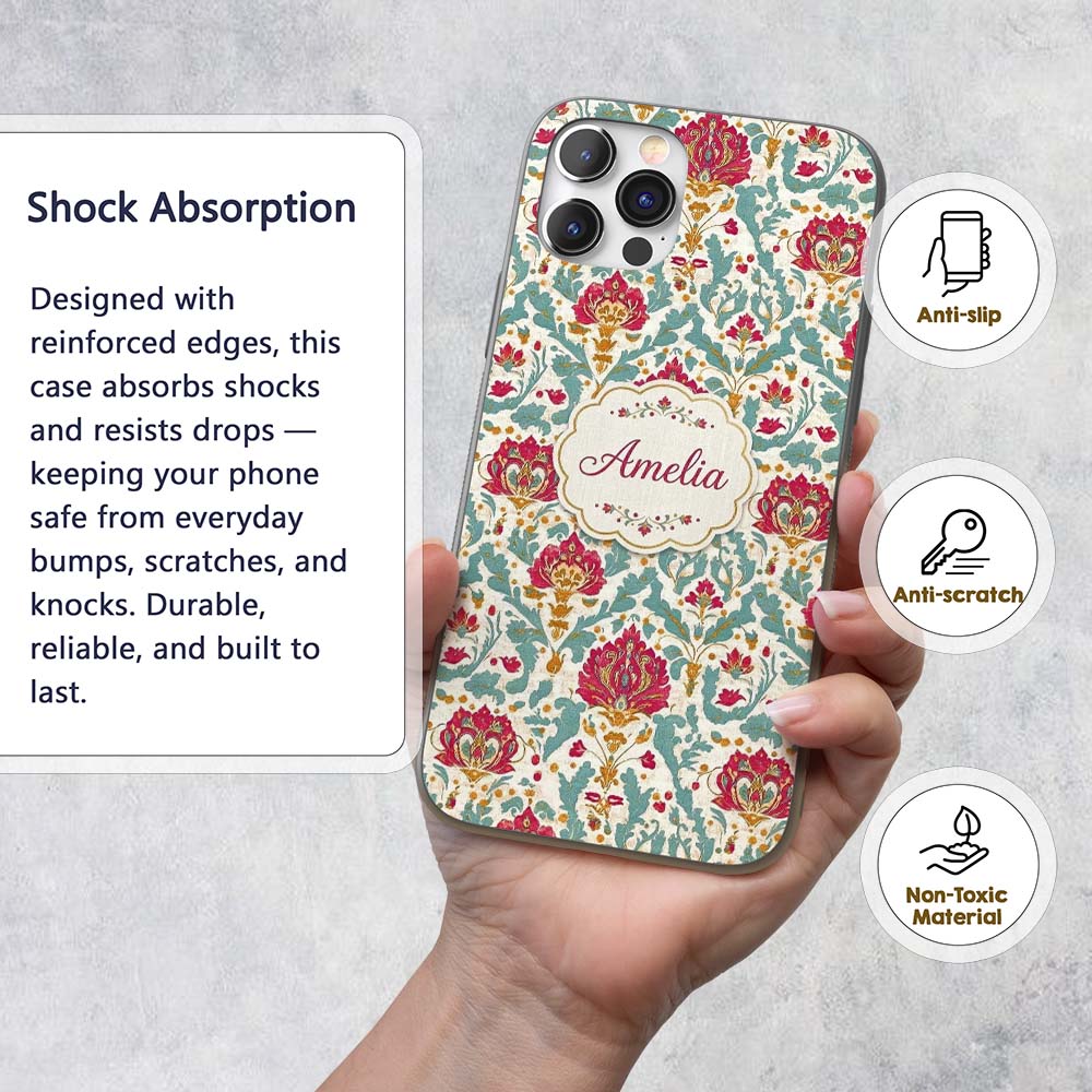 Decorative Damask Floral Pattern with Teal and Custom Name Protective Phone Case Mobile Cover Durable Everyday Smartphone Shock Resistant