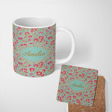 Personalized Custom Name Vintage Floral Vine Pattern with Pink Blossoms on Blue Seamless 11oz Ceramic Coffee Tea Mug White Large Handle