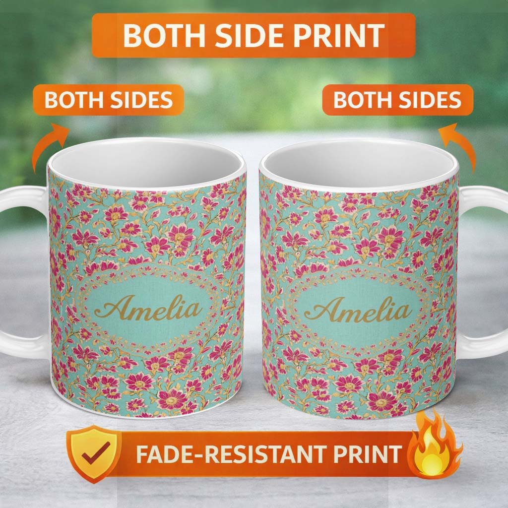 Personalized Custom Name Vintage Floral Vine Pattern with Pink Blossoms on Blue Seamless 11oz Ceramic Coffee Tea Mug White Large Handle