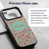 Vintage Floral Vine Pattern with Pink Blossoms on Custom Name Protective Phone Case Mobile Cover Durable Everyday Smartphone Shock Resistant