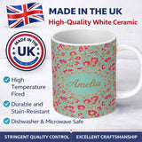 Personalized Custom Name Vintage Floral Vine Pattern with Pink Blossoms on Blue Seamless 11oz Ceramic Coffee Tea Mug White Large Handle
