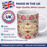 Personalized Custom Name Classic Ornamental Floral Damask Pattern Seamless Name Cute Unique 11oz Ceramic Coffee Tea Mug White Large Handle