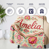 Vintage Floral Medallion Pattern with Pink Blooms and Teal Leaves  Personalised Custom Name Super Soft Fleece Blanket Bed Sofa Throw