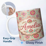 Personalized Custom Name Vintage Floral Medallion Pattern with Pink Blooms and Teal Leaves 11oz Ceramic Coffee Tea Mug White Large Handle