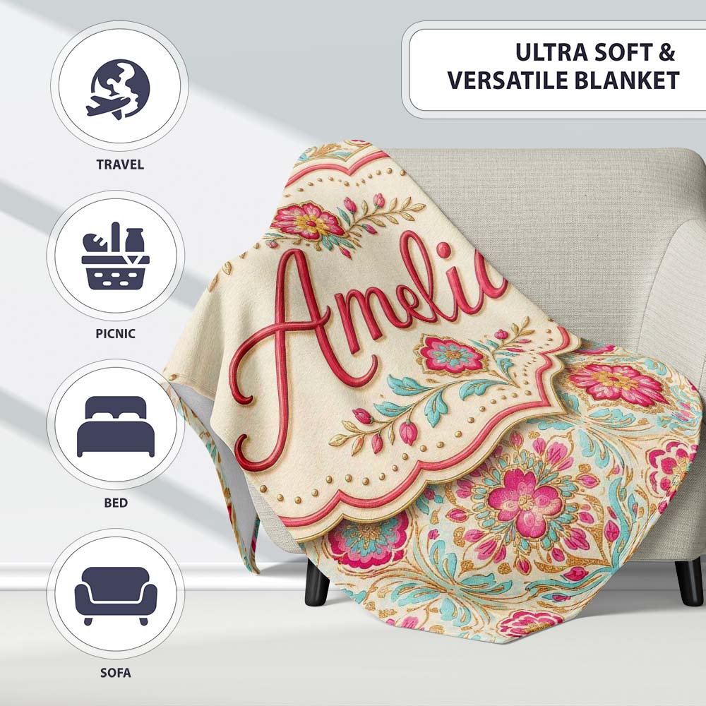 Vintage Floral Medallion Pattern with Pink Blooms and Teal Leaves  Personalised Custom Name Super Soft Fleece Blanket Bed Sofa Throw