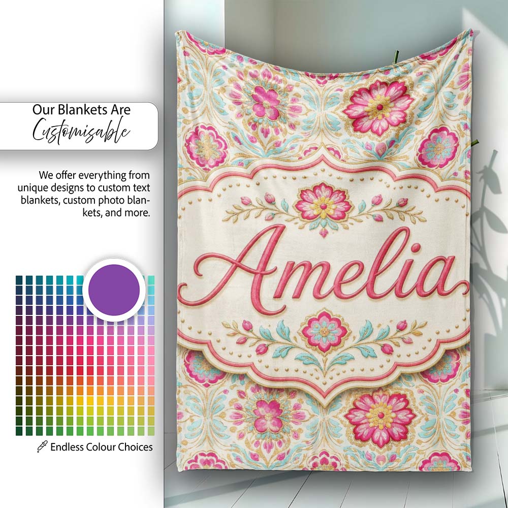 Vintage Floral Medallion Pattern with Pink Blooms and Teal Leaves  Personalised Custom Name Super Soft Fleece Blanket Bed Sofa Throw
