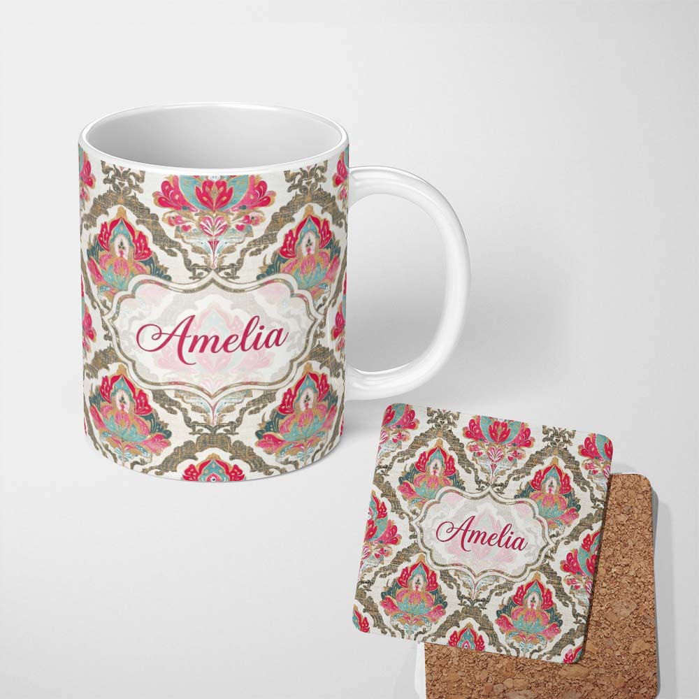 Personalized Custom Name Ornate Damask Floral Pattern with Pink and Teal Motifs Seamless 11oz Ceramic Coffee Tea Mug White Large Handle