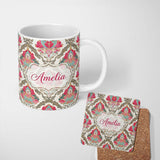Personalized Custom Name Ornate Damask Floral Pattern with Pink and Teal Motifs Seamless 11oz Ceramic Coffee Tea Mug White Large Handle