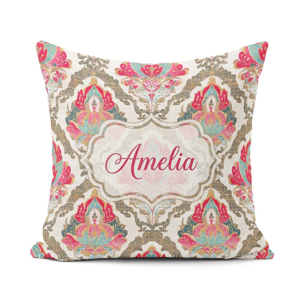 Custom Name Ornate Damask Floral Pattern with Pink Teal Seamless Square Filled Cushion Throw Pillow Sofa Bed Home Decor Zip Washable UK Made