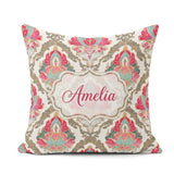 Custom Name Ornate Damask Floral Pattern with Pink Teal Seamless Square Filled Cushion Throw Pillow Sofa Bed Home Decor Zip Washable UK Made