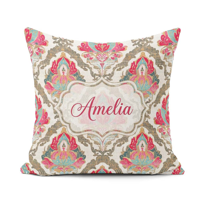 Custom Name Ornate Damask Floral Pattern with Pink Teal Seamless Square Filled Cushion Throw Pillow Sofa Bed Home Decor Zip Washable UK Made