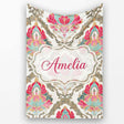 Ornate Damask Floral Pattern with Pink and Teal Motifs Seamless  Personalised Custom Name Super Soft Fleece Blanket Bed Sofa Throw