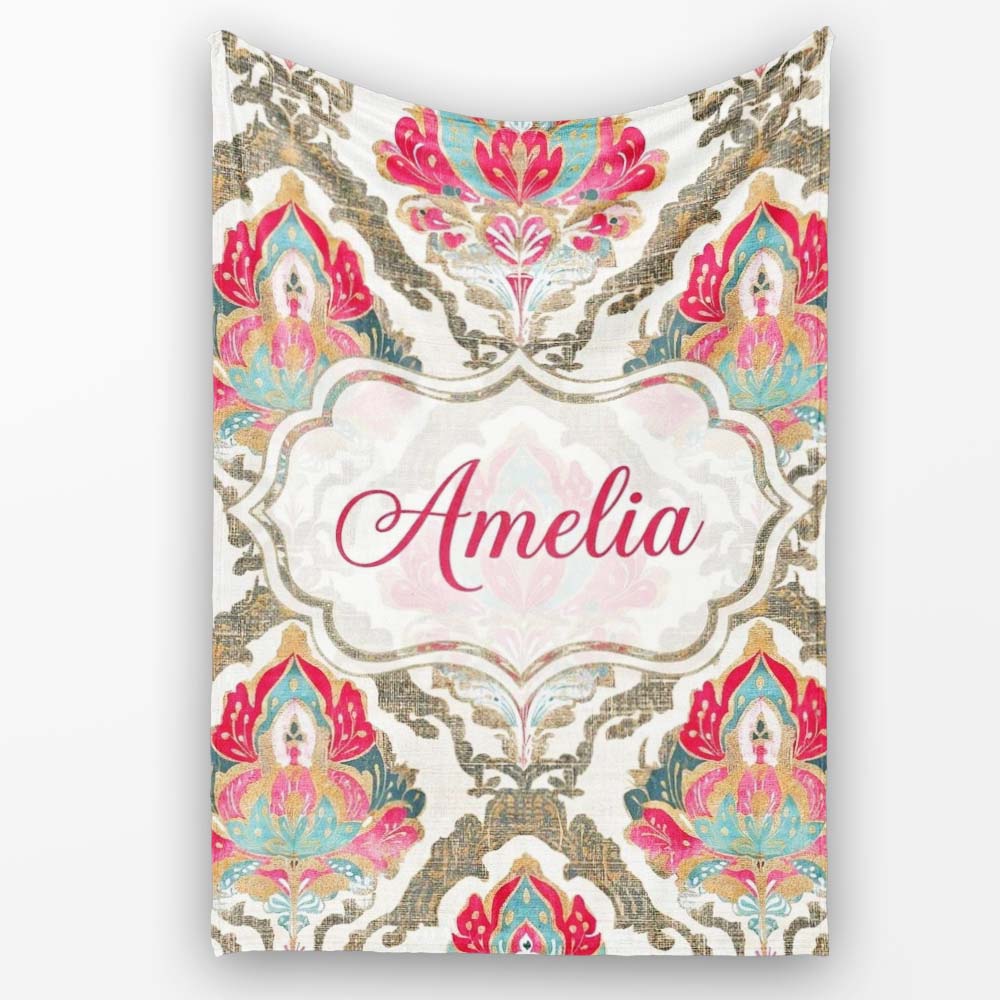 Ornate Damask Floral Pattern with Pink and Teal Motifs Seamless  Personalised Custom Name Super Soft Fleece Blanket Bed Sofa Throw