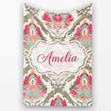 Ornate Damask Floral Pattern with Pink and Teal Motifs Seamless  Personalised Custom Name Super Soft Fleece Blanket Bed Sofa Throw