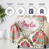 Ornate Damask Floral Pattern with Pink and Teal Motifs Seamless  Personalised Custom Name Super Soft Fleece Blanket Bed Sofa Throw