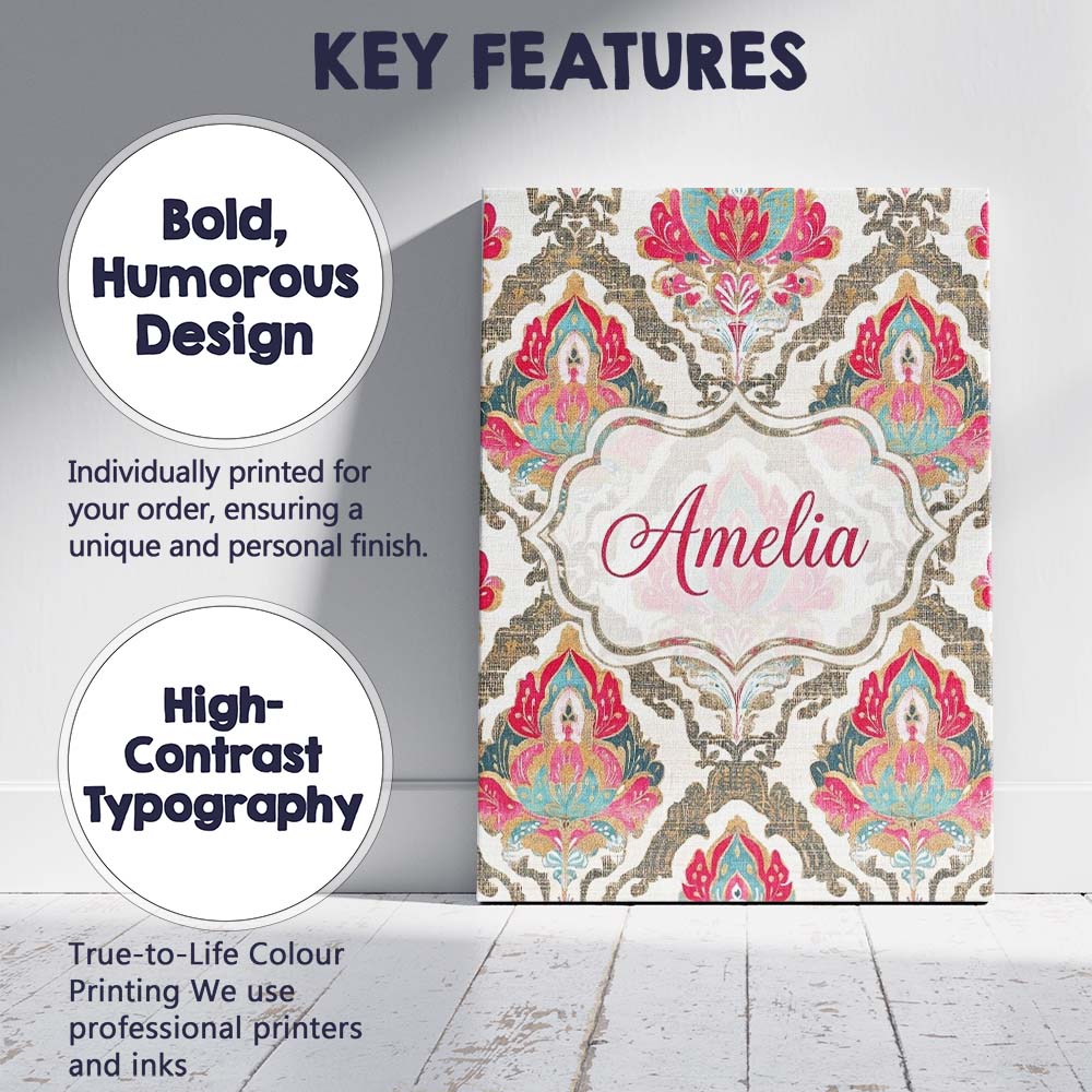 Personalised Name Ornate Damask Floral Custom  Modern Room Accent Elegant Feature Canvas Wall Art Print Decor Picture Ready to Hang