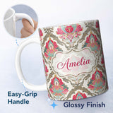Personalized Custom Name Ornate Damask Floral Pattern with Pink and Teal Motifs Seamless 11oz Ceramic Coffee Tea Mug White Large Handle