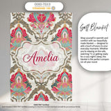Ornate Damask Floral Pattern with Pink and Teal Motifs Seamless  Personalised Custom Name Super Soft Fleece Blanket Bed Sofa Throw