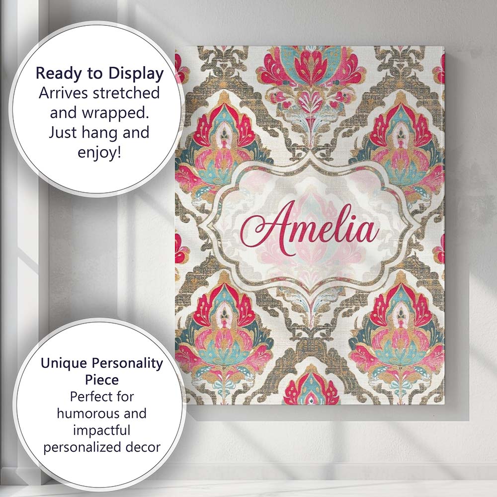 Personalised Name Ornate Damask Floral Custom  Modern Room Accent Elegant Feature Canvas Wall Art Print Decor Picture Ready to Hang