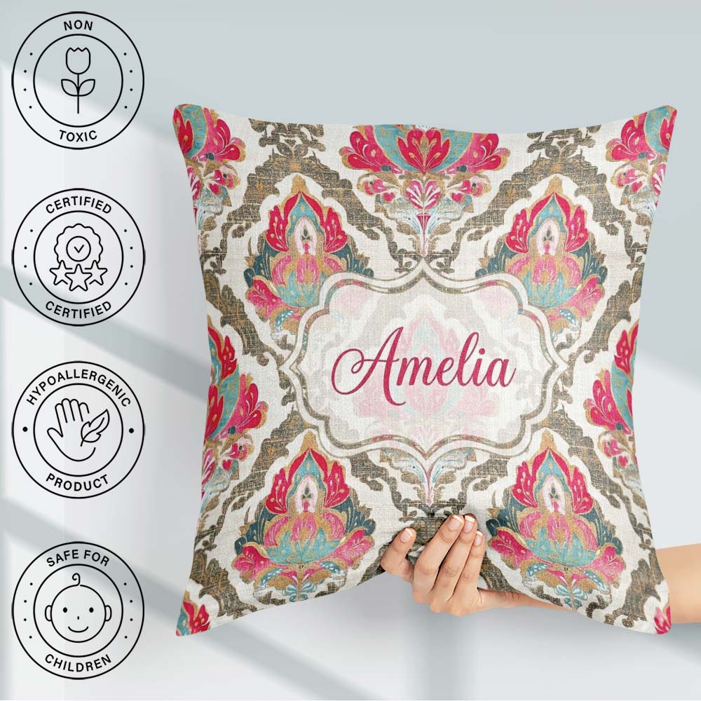 Custom Name Ornate Damask Floral Pattern with Pink Teal Seamless Square Filled Cushion Throw Pillow Sofa Bed Home Decor Zip Washable UK Made