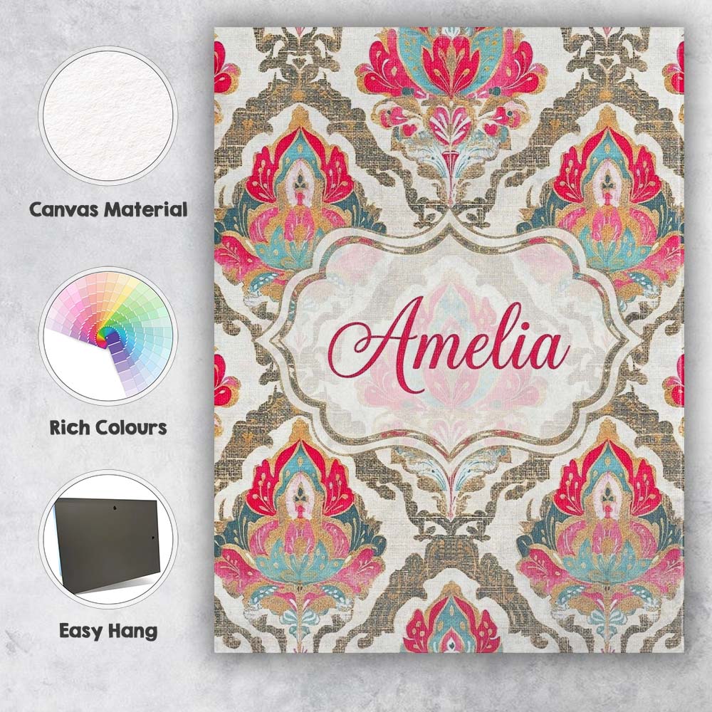 Personalised Name Ornate Damask Floral Custom  Modern Room Accent Elegant Feature Canvas Wall Art Print Decor Picture Ready to Hang
